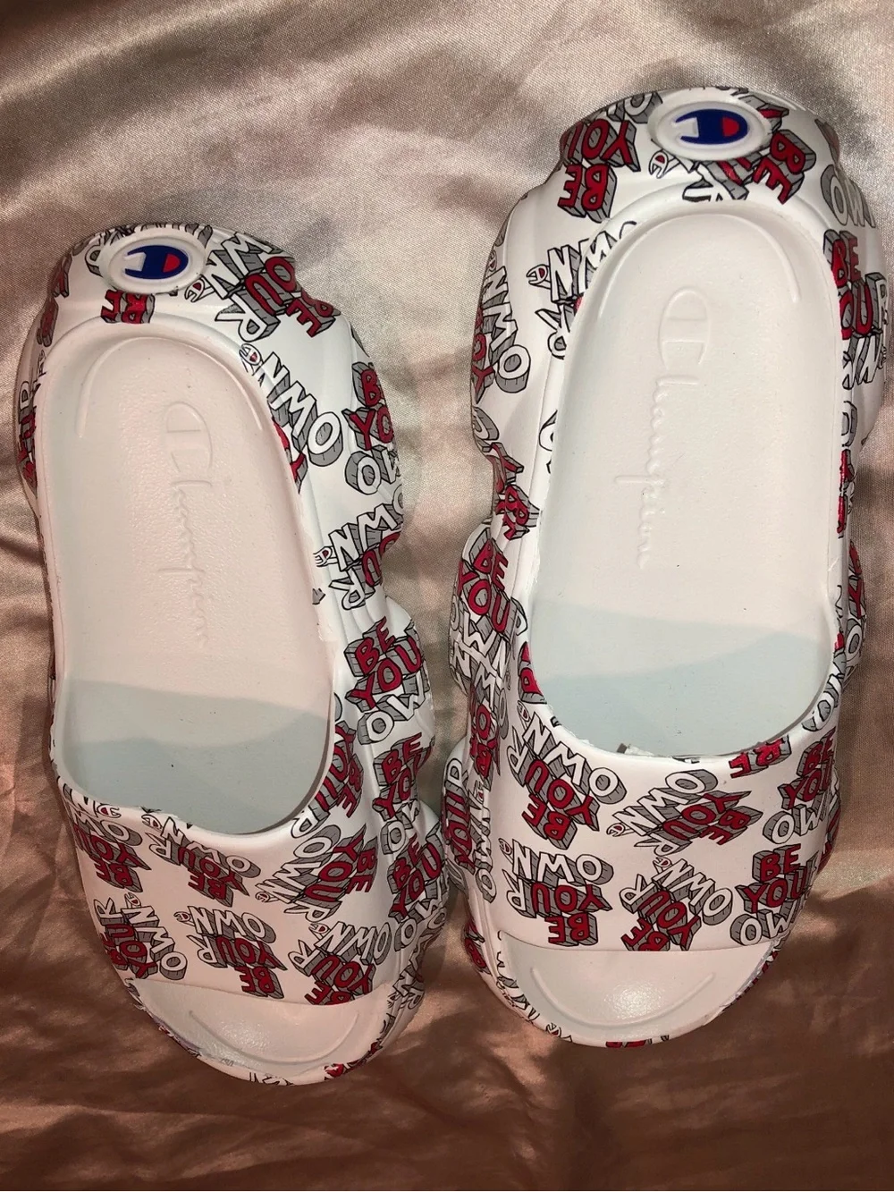 Champion Slide Sandals with Red 'Be Your Own' Graphics
